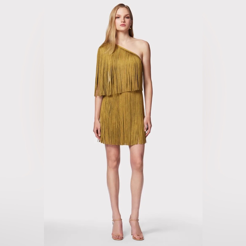 Herve Leger One-Shoulder Fringe Dress in Mustard